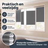 Grijs BukkitBow plisségordijn zonder boren, verduisterend en thermisch, met honingraatstructuur, geïnstalleerd voor raamdecoratie.