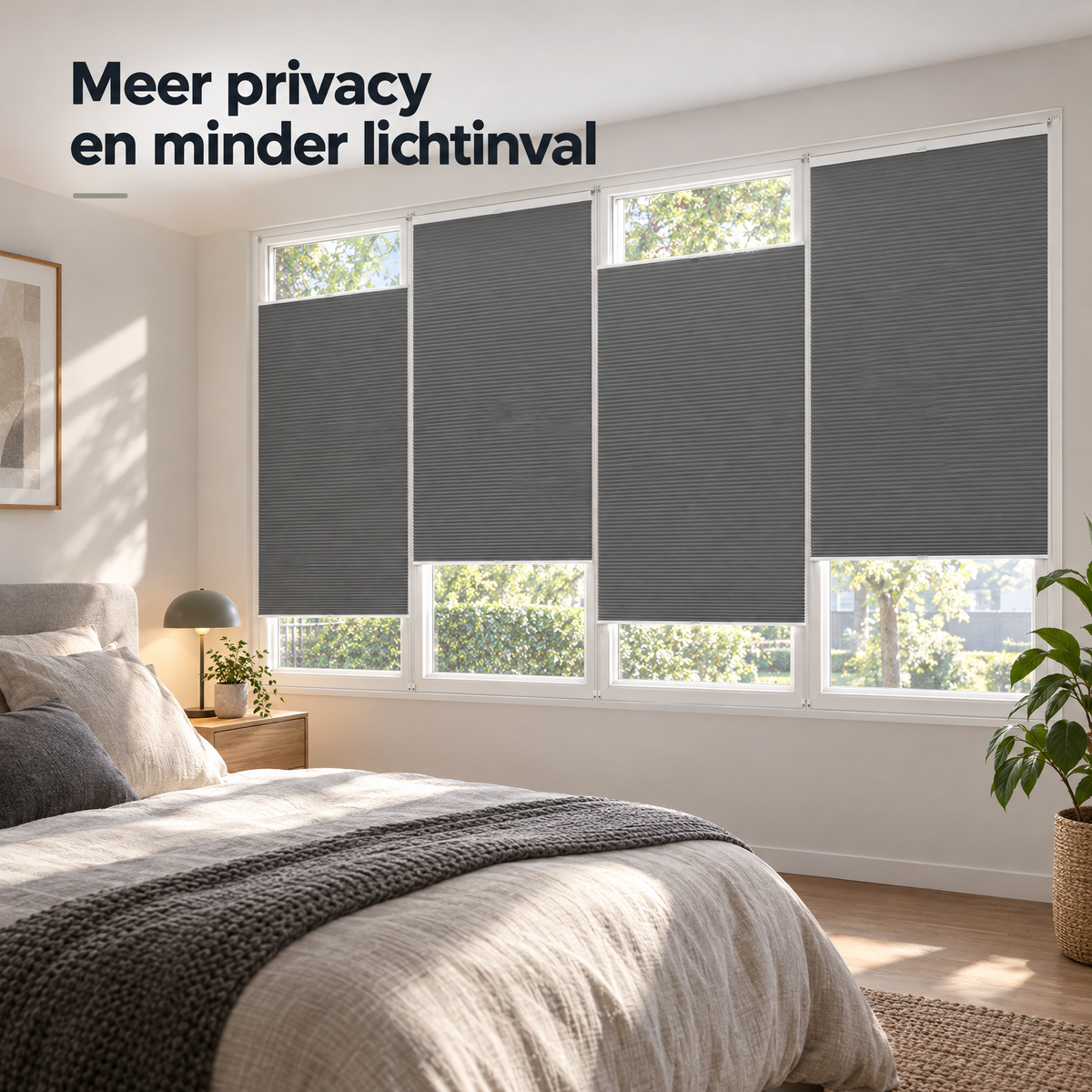 Grijs plisségordijn zonder boren met thermische honingraat voor verduistering, van BukkitBow, in een woonkamer.