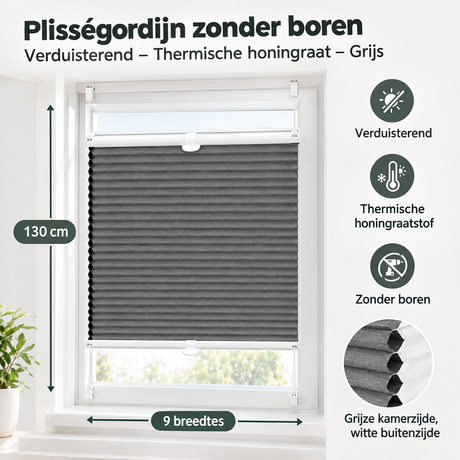 Grijs plisségordijn zonder boren van BukkitBow, verduisterend en thermisch met honingraatstructuur, voor raamdecoratie.
