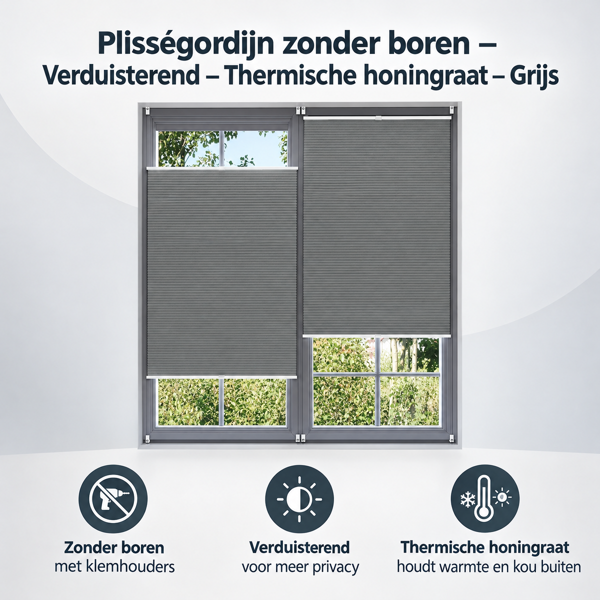 Grijs plisségordijn zonder boren van BukkitBow, verduisterend en thermisch met honingraatstructuur voor goede isolatie.