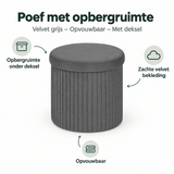 Velvet grijze opbergpoef met deksel en opvouwbaar ontwerp, van BukkitBow, geschikt voor opbergruimte en decoratie.
