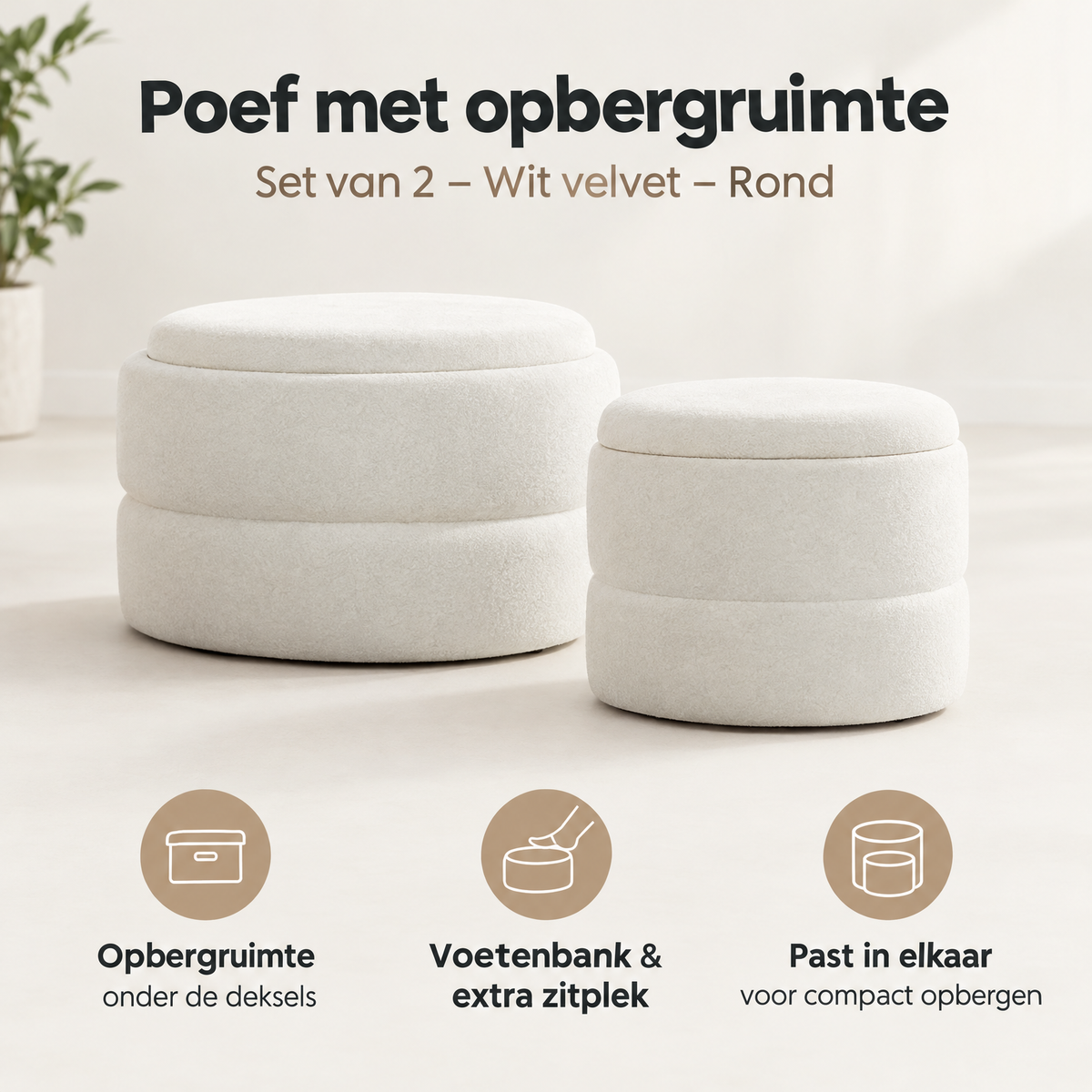 Set van 2 witte velvet ronde opbergpoefs met opbergruimte van BukkitBow, geschikt voor stijlvolle en praktische opslag.