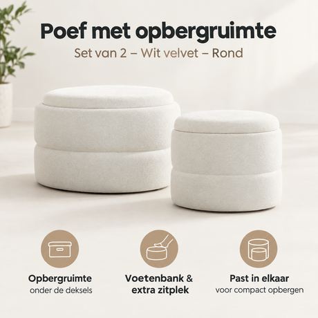 Set van 2 witte velvet ronde opbergpoefs met opbergruimte van BukkitBow, geschikt voor stijlvolle en praktische opslag.