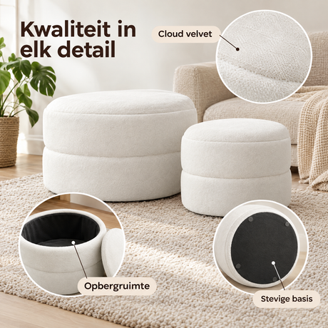 Set van 2 ronde witte velvet opbergpoefs met opbergruimte van BukkitBow, geschikt voor woon- en slaapkamer.