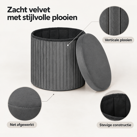 Grijze velvet opbergpoef met deksel en opvouwbaar ontwerp, ideaal voor opslag en zitcomfort in huis.