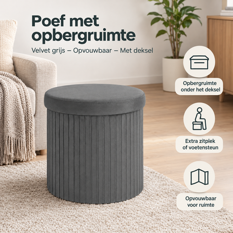 Velvet grijze opbergpoef met deksel van BukkitBow, opvouwbaar en praktisch voor extra opbergruimte.