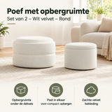 Set van 2 witte velvet ronde opbergpoefs met opbergruimte van BukkitBow, praktische en stijlvolle opbergoplossing voor elke kamer.