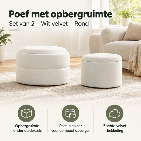Set van 2 witte velvet ronde opbergpoefs met opbergruimte van BukkitBow, praktische en stijlvolle opbergoplossing voor elke kamer.