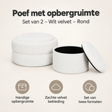 Set van 2 witte velvet ronde opbergpoefen met opbergruimte van BukkitBow, geschikt voor woonkamer of slaapkamer.