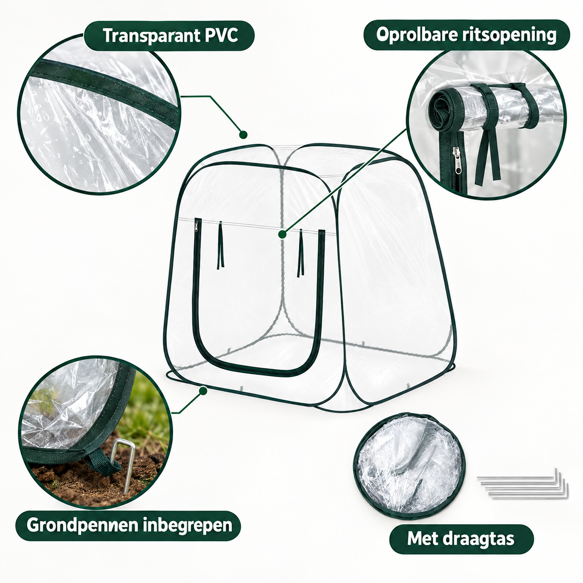 Transparante PVC pop-up kweekkas van BukkitBow met oprolbare ritsopening en draagtas, ideaal voor plantenkweek.