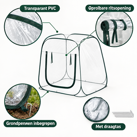 Transparante PVC pop-up kweekkas van BukkitBow met oprolbare ritsopening en draagtas, ideaal voor plantenkweek.