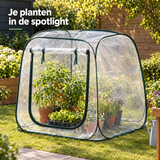 Transparante pop-up kweekkas van BukkitBow met oprolbare ritsopening en draagtas, geschikt voor tuinieren en plantverzorging.
