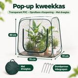 Transparante pop-up kweekkas van BukkitBow met oprolbare ritsopening en draagtas, ideaal voor plantkweek in PVC materiaal.