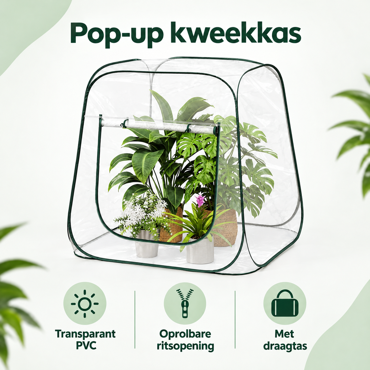 Transparante BukkitBow pop-up kweekkas met oprolbare ritsopening en draagtas, ideaal voor tuinieren en plantenkweek.