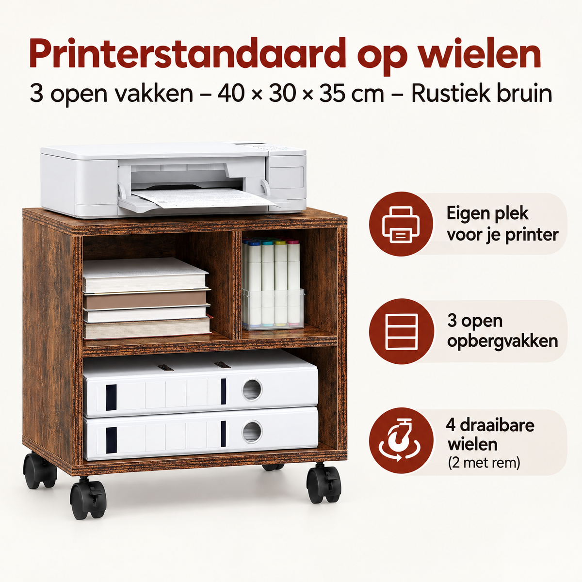 Rustieke bruine printerstandaard op wielen met 3 open vakken, afmetingen 40x30x35 cm, geschikt voor kantoor of thuisgebruik.