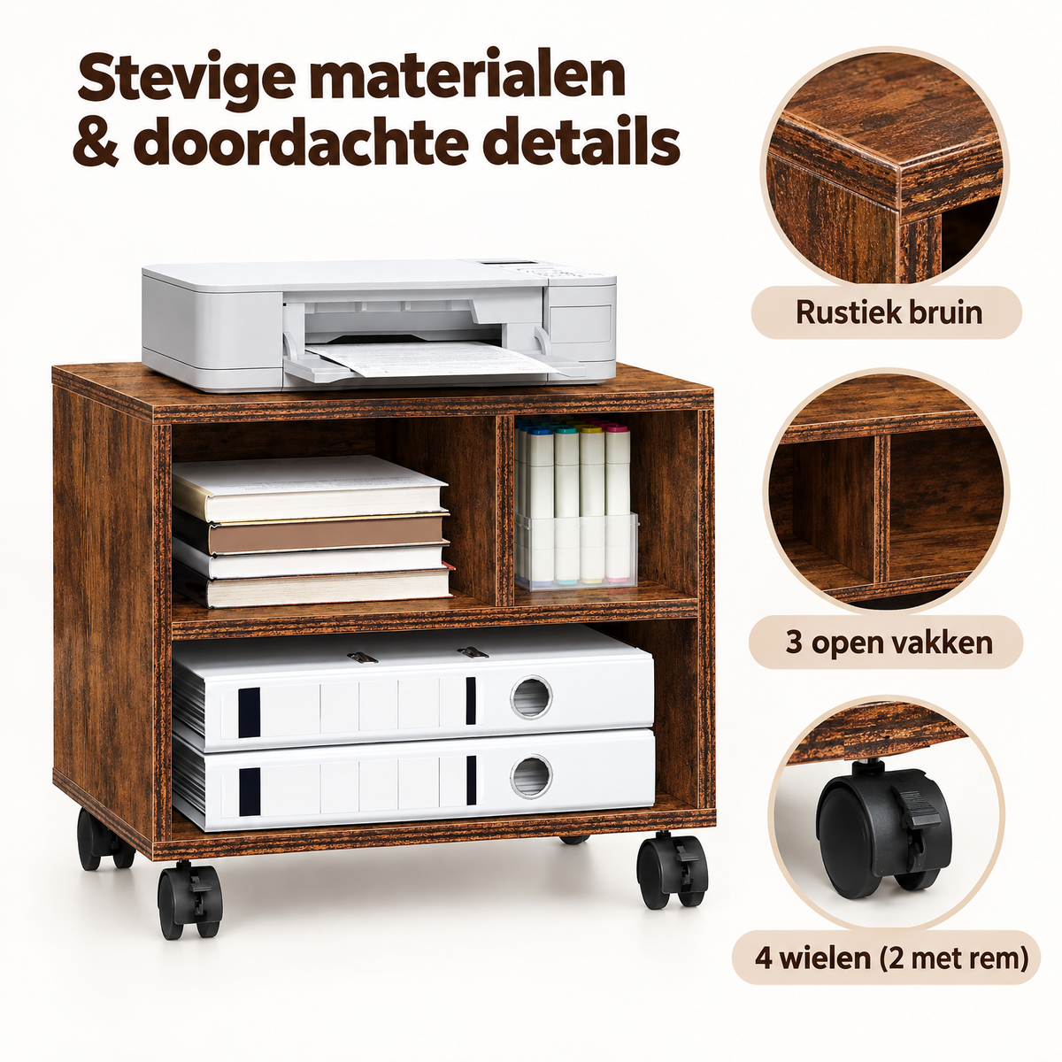 Ruwe houten printerstandaard op wielen met 3 open vakken, afmetingen 40x30x35 cm, rustieke bruine afwerking.