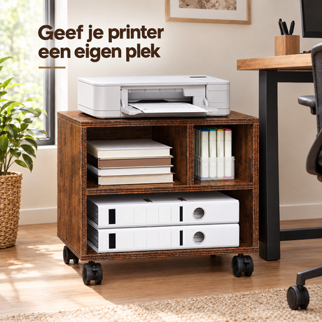 Rustieke bruin BukkitBow printerstandaard op wielen met 3 open vakken, afmetingen 40x30x35 cm, geschikt voor kantoor of thuisgebruik