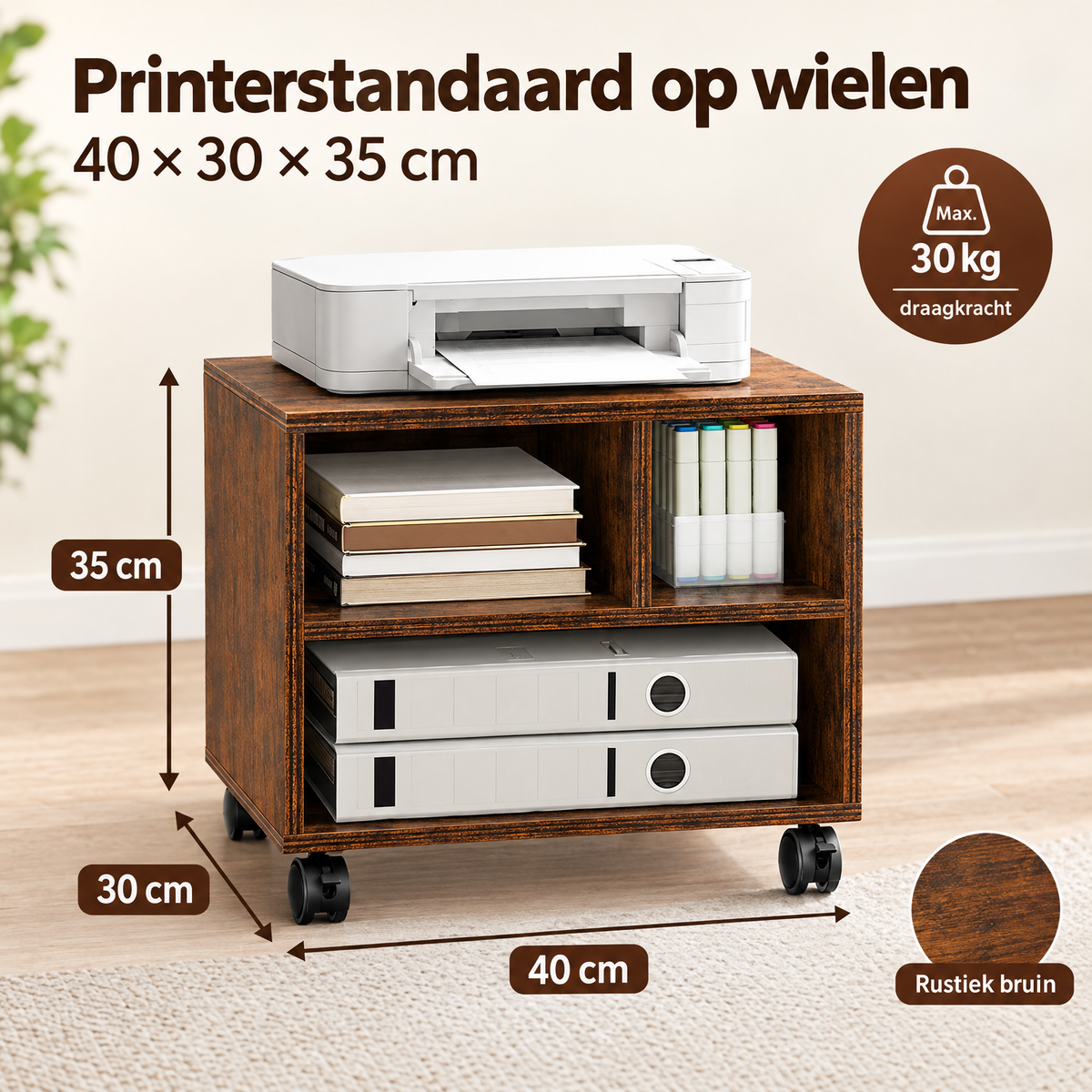 Rustieke bruine BukkitBow printerstandaard op wielen met 3 open vakken, afmetingen 40x30x35 cm, stevig en praktisch.