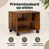 Rustieke bruine BukkitBow printerstandaard op wielen met 3 open vakken, afmetingen 40x30x35 cm, praktisch en mobiel.