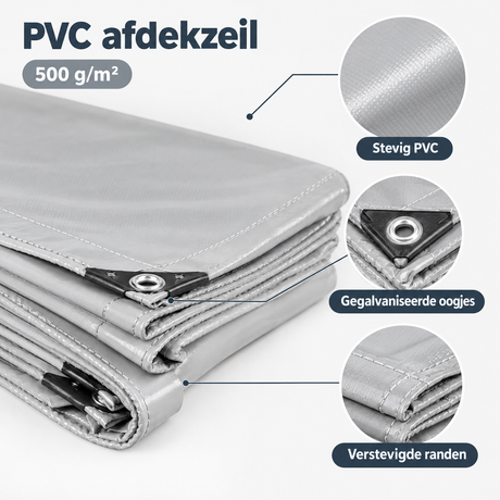 Detail van materiaal en afwerking van PVC afdekzeil