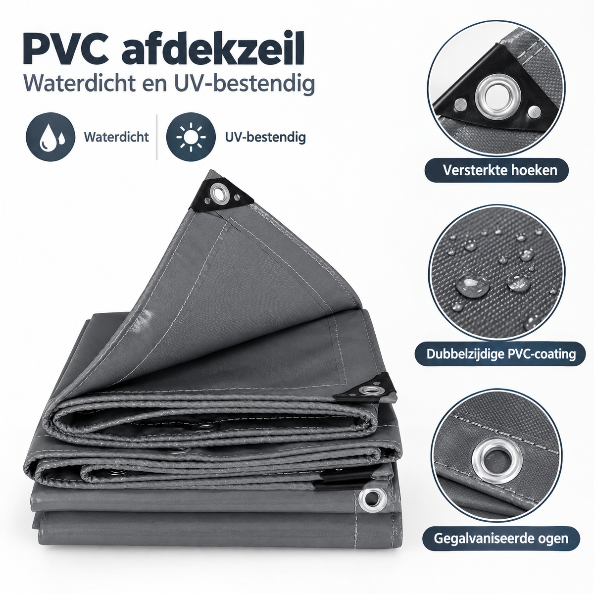 Donkergrijs PVC afdekzeil van BukkitBow met gegalvaniseerde ogen, waterdicht en UV-bestendig, geschikt voor bescherming.