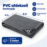 Donkergrijs PVC afdekzeil van BukkitBow, waterdicht en UV-bestendig met gegalvaniseerde ogen voor bescherming.