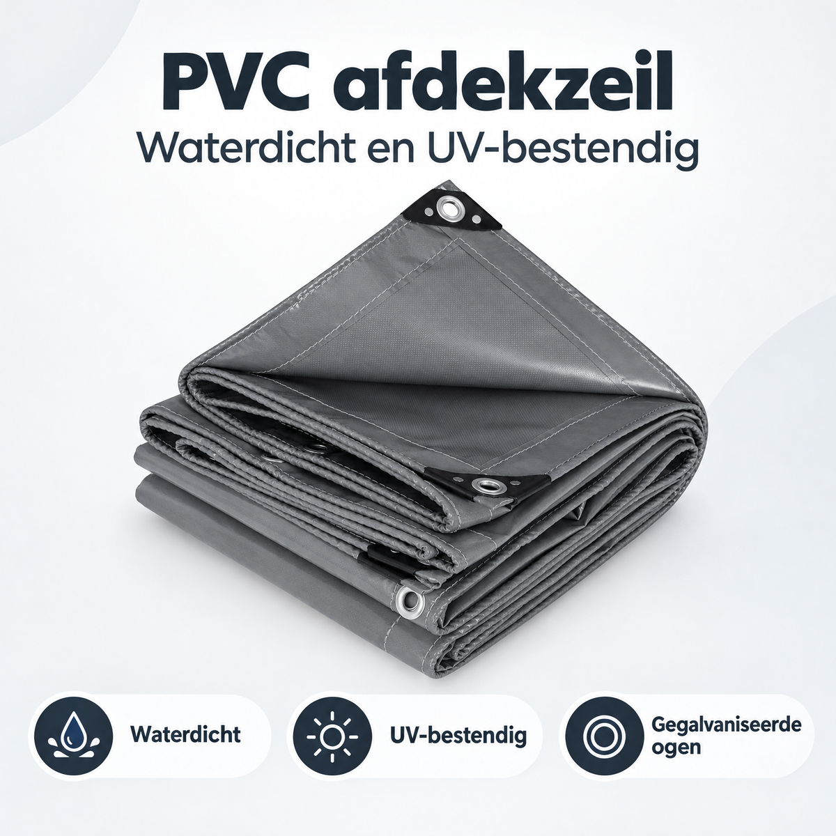 Donkergrijs PVC afdekzeil van BukkitBow, waterdicht en UV-bestendig met gegalvaniseerde ogen voor bescherming en duurzaamheid