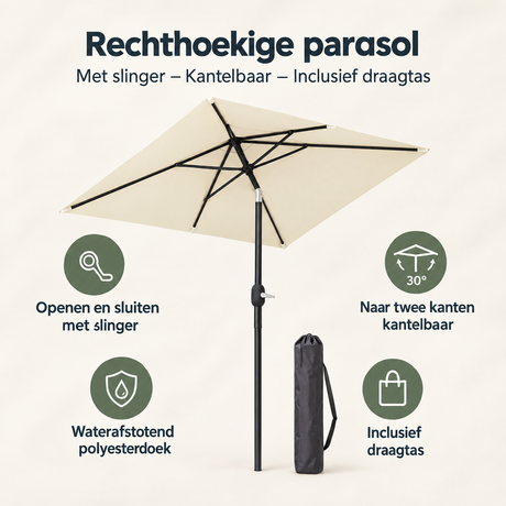 Rechthoekige BukkitBow parasol met slinger, kantelbaar en inclusief draagtas, ideaal voor schaduw en buitengebruik.