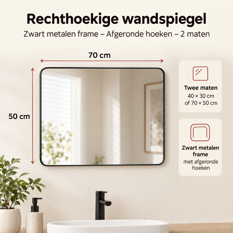 Rechthoekige wandspiegel met zwart metalen frame en afgeronde hoeken, verkrijgbaar in twee maten, door BukkitBow.