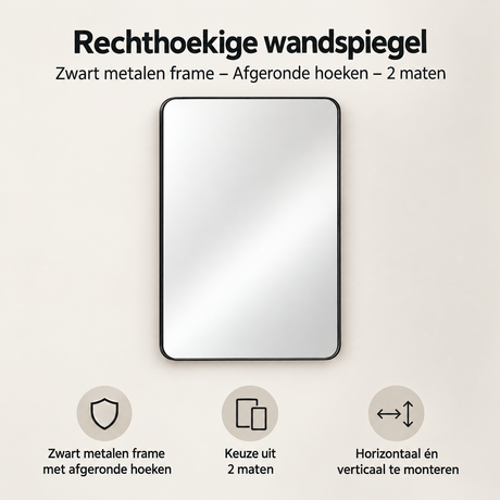 Rechthoekige wandspiegel met zwart metalen frame en afgeronde hoeken, verkrijgbaar in twee maten, door BukkitBow.