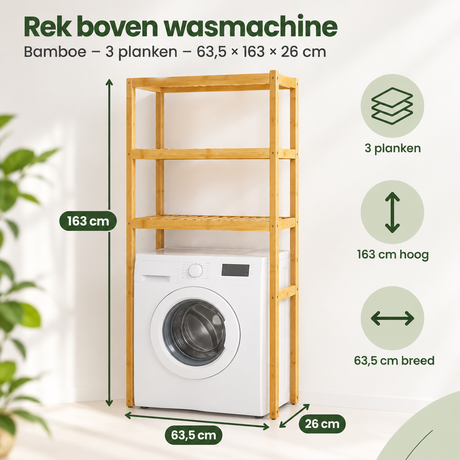 Bamboe opbergrek boven wasmachine en toilet met 3 planken, afmetingen 63,5 × 163 × 26 cm, geschikt voor badkamer of toilet.