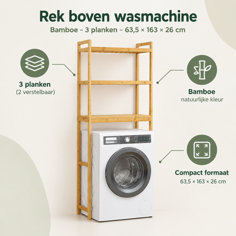 Bamboe opbergrek boven wasmachine en toilet met 3 planken, 63,5 x 163 x 26 cm, van BukkitBow, overzicht van kernvoordelen