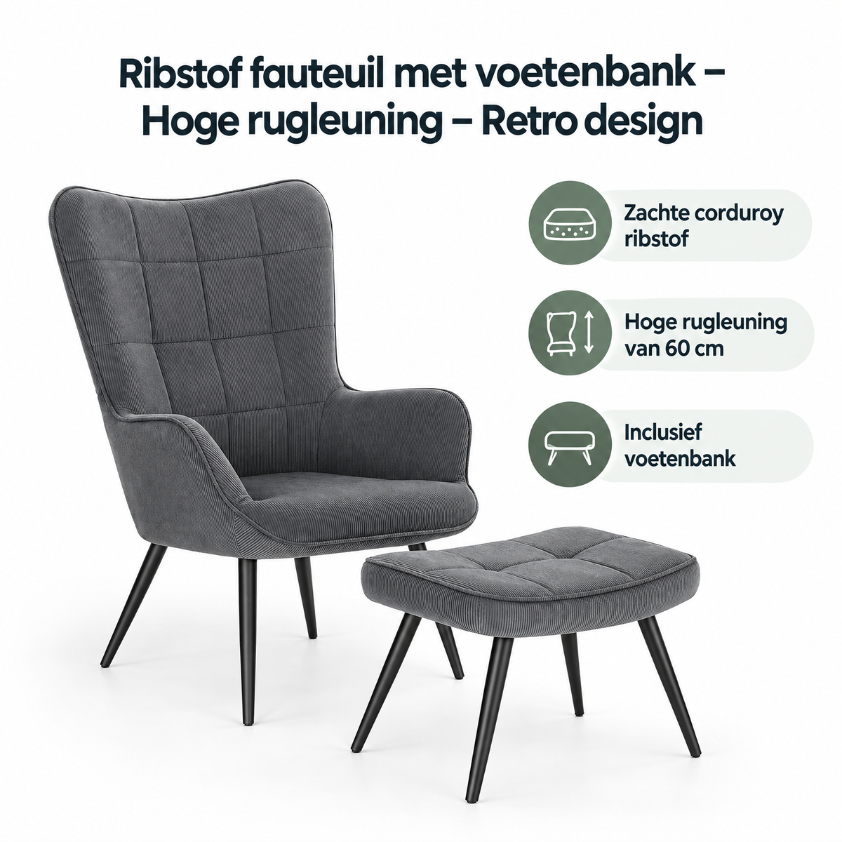 Belangrijkste voordelen en eigenschappen van ribstof fauteuil met voetenbank