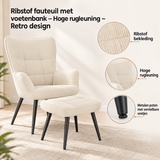 Detail van materiaal en afwerking van ribstof fauteuil met voetenbank