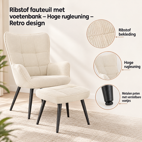 Detail van materiaal en afwerking van ribstof fauteuil met voetenbank