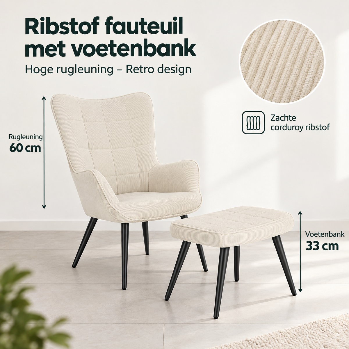 Afmetingen en productspecificaties van ribstof fauteuil met voetenbank