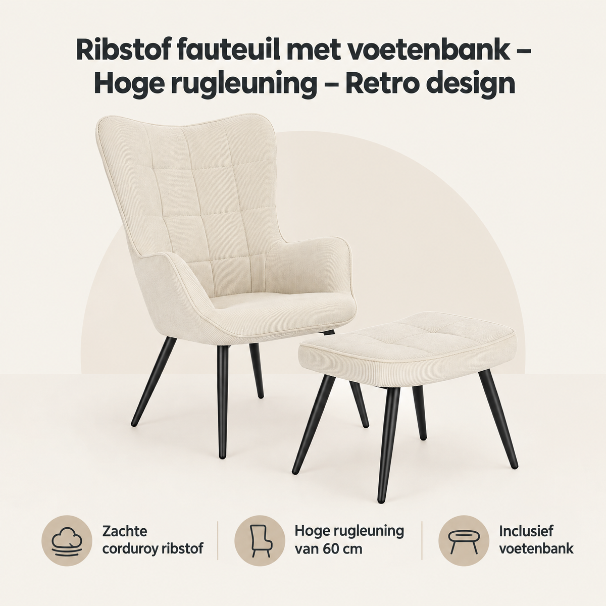 Overzicht van ribstof fauteuil met voetenbank met de belangrijkste productvoordelen