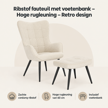 Overzicht van ribstof fauteuil met voetenbank met de belangrijkste productvoordelen