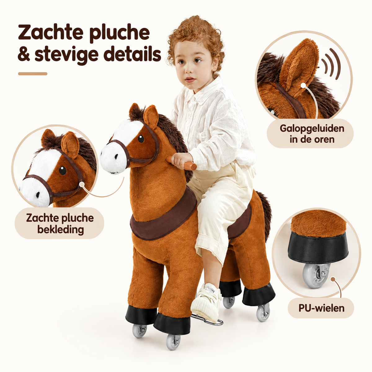 Bruin pluche rijpaard op wielen met geluid, detail van materiaal en constructie, beschikbaar in 2 maten, door BukkitBow.