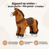 Bruin pluche rijpaard op wielen van BukkitBow met geluid, verkrijgbaar in 2 maten, geschikt voor kinderen en speelplezier