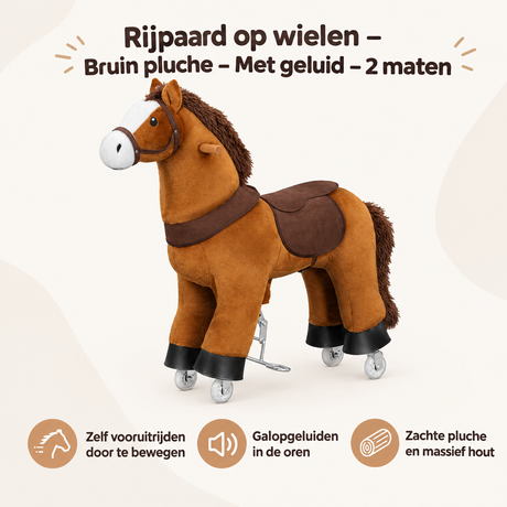Bruin pluche rijpaard op wielen van BukkitBow met geluid, verkrijgbaar in 2 maten, geschikt voor kinderen en speelplezier
