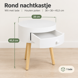 Rond wit nachtkastje van BukkitBow met lade en houten poten, afmetingen 38x38x45,5 cm, modern en functioneel meubelstuk