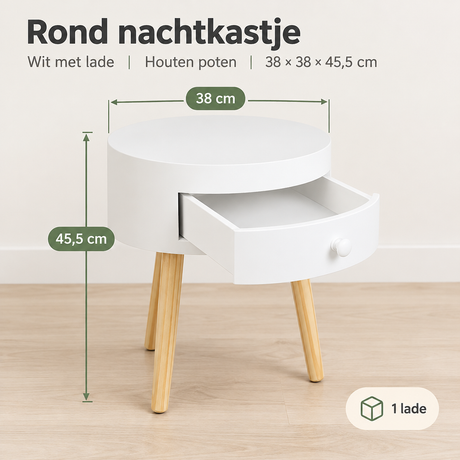 Rond wit nachtkastje van BukkitBow met lade en houten poten, afmetingen 38x38x45,5 cm, modern en functioneel meubelstuk