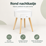 Rond wit nachtkastje met lade, houten poten, compact formaat 38x38x45,5 cm, modern design, BukkitBow.