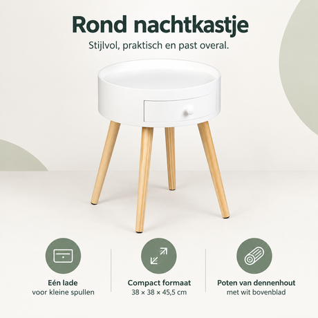 Rond wit nachtkastje met lade, houten poten, compact formaat 38x38x45,5 cm, modern design, BukkitBow.