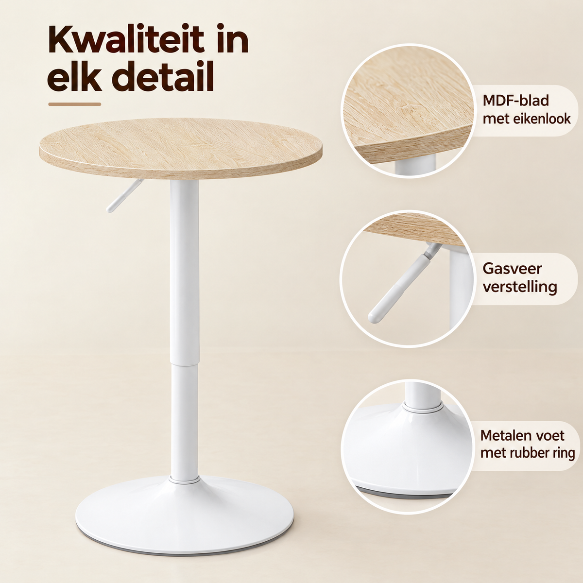 Detail van materiaal en afwerking van ronde bartafel