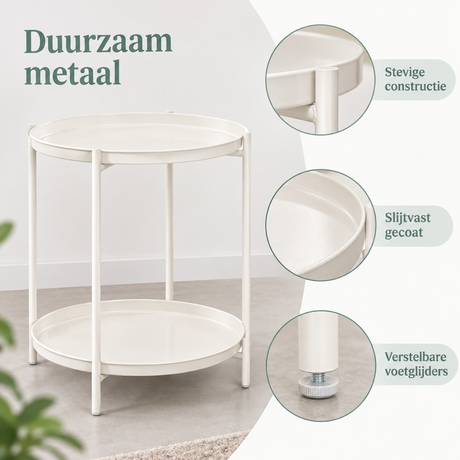 Ronde bijzettafel van metaal met twee afneembare dienbladen, afmetingen 44×53 cm, van BukkitBow.