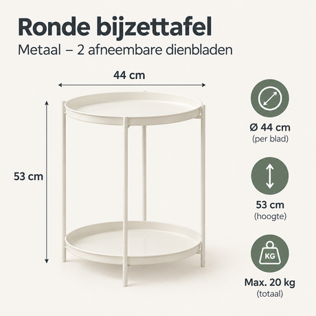 Ronde bijzettafel van BukkitBow met twee afneembare dienbladen en metalen frame, afmetingen 44 x 53 cm.