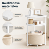 Detail van materiaal en afwerking van ronde bijzettafel met opbergruimte