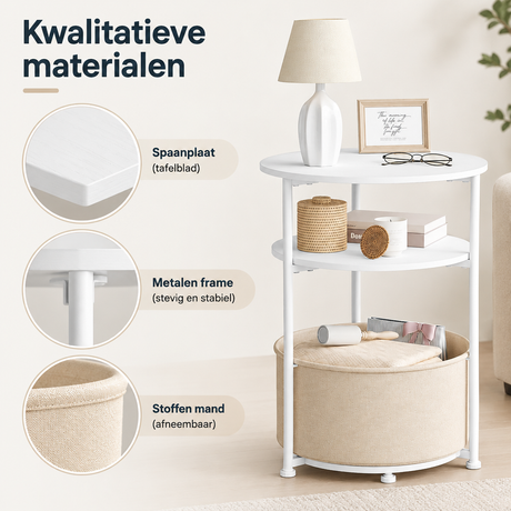 Detail van materiaal en afwerking van ronde bijzettafel met opbergruimte